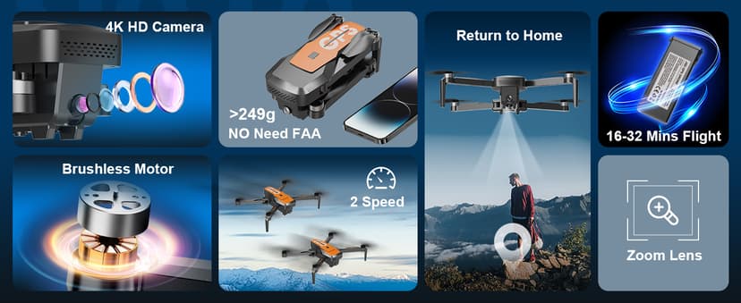 Drones with Camera for Adults 4K - GPS Drone with Auto Return, Brushless Motor, Foldable Mini RC Quadcopter for Kids Beginners with FPV Live Video, Follow Me, 2 Batteries Long Flight Time Under 249g