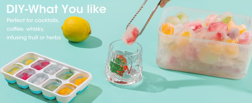 DOQAUS Ice Cube Tray with Lid and Bin - 4 Pack Silicone Ice Cube Trays for Freezer, Stackable Ice Bucket Kits with Storage Container & Scoop for Kitchen, RV, Cocktail, Coffee