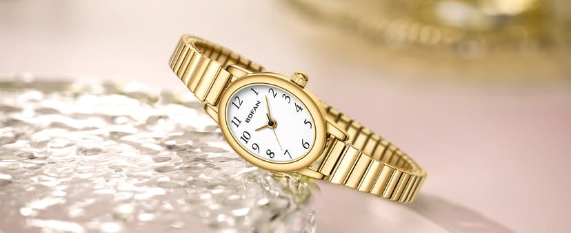 BOFAN Small Gold Watches for Women Easy Read Ladies Quartz Wrist Watch with Stainless Steel Expansion Band,Waterproof.
