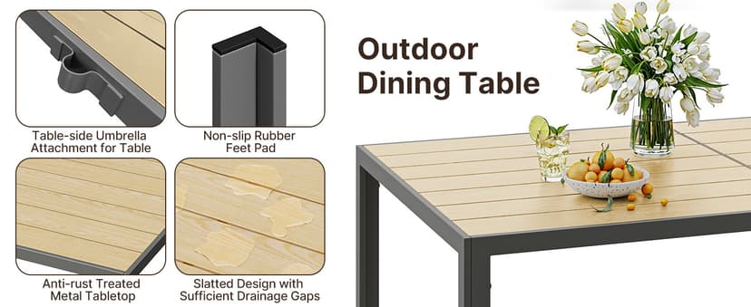 Ahomly Patio Table and Chairs Set for 6, Outdoor Dining Set Includes 59.5" Rectangle Patio Table with Side Umbrella Hole and 6 Textilene Fabric Patio Chairs for Backyard, Courtyard, Poolside, Brown