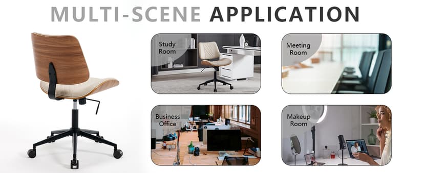 Home Office Chair No Arms with Wheels, Adjustable Height Small Desk Chair, PU Leather Mid Back 360 Swivel Computer Chair, Armless Modern Walnut Chair for Office, Reading Meeting Room(Beige)