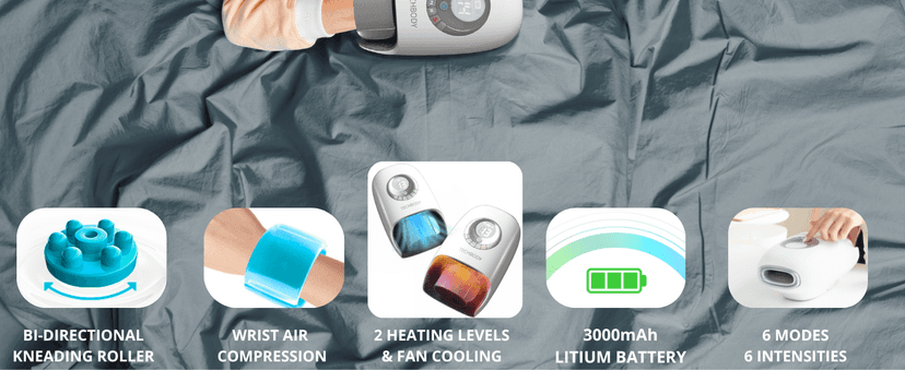 Hand Massager with Heat and Compression for Arthritis and Carpal Tunnel, Finger Numbness, Circulation, Pain Relief, from Wrist to Palm and Finger with Kneading Rollers, Fan Cooling Gifts for Women Men