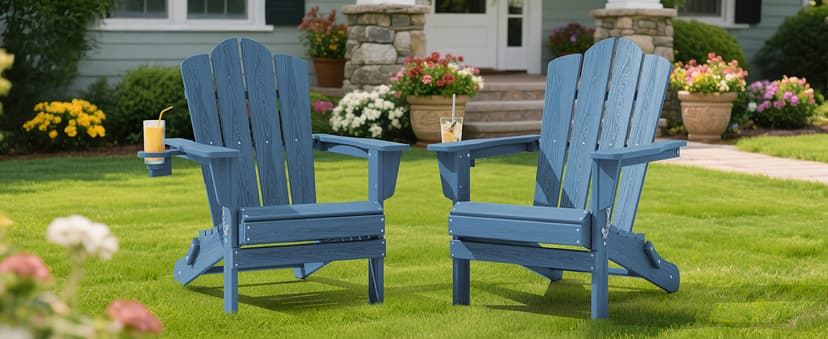 KINGYES Folding Adirondack Chair, HDPE All-Weather Patio Chairs with Cup Holder, Wooden Textured Fire Pit Chairs Recliner for Poolside, Backyard, Deck, Navy