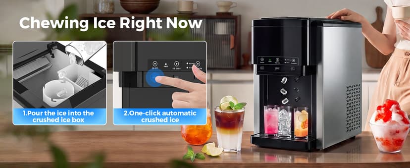 3-in-1 Water Dispenser with Ice Maker,Countertop Nugget Ice Machine with Bullet & Crushed Ice,44Lbs/24H,12 Ice Cube/6Min, Self-Cleaning, 4Lbs Storage, Home, Kitchen,RV (Silver) (Silver)