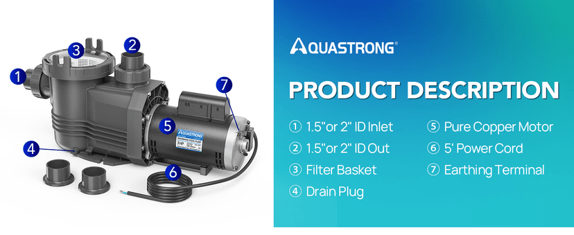 AQUASTRONG In/Above Ground Pool Pump Pure Copper Motor Energy Efficient High Flow Powerful Self Primming Swimming Pool Pumps with Filter Basket, Grey
