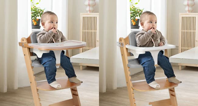 Cowiewie 3-in-1 Convertible Natural Wooden High Chair for Babies & Toddlers 3-Tier Remove & 2 Adjustable Wood Tray & 8 Levels Adjustable, 2 Waterproof Cozy Cushions Grey