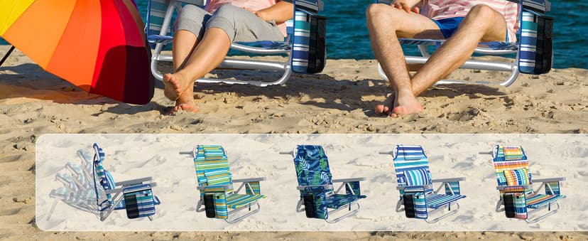Suteck Backpack Beach Chairs for Adults, 5-Position Lay Flat Reclining Chair with Cooler Pouch, Cup Holder, Towel Bar, 2-Pack Portable Folding Beach Chair for Lawn Outdoor (1, Light Blue)