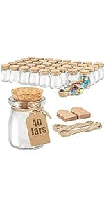 40 Pack Glass Favor Jars with Cork Lid, 3.4 oz Small Glass Bottles for Wedding Favor, Baby Shower, Party Favor, Gift Jars for Candy, Bonus Twine and Labels