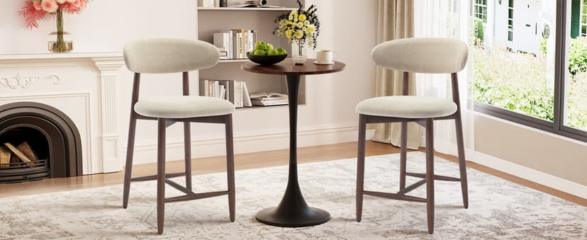 COLAMY Counter Height Bar Stools Set of 2, Kitchen Bar Stools with Back, Mid Century Modern Upholstered, with Wood Legs for Kitchen Island Dining Room, Beige