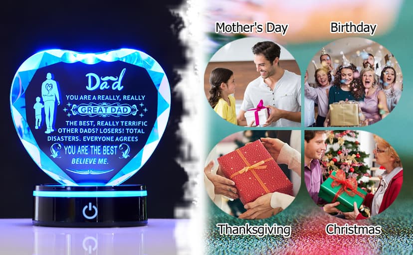 Inspiring Laser Engraved Heart-Shaped Crystal lamp, a Gift for The Best dad, a Gift for Children to give to Fathers, preparing for Dad's Birthday, Father's Day, Christmas, and Valentine's Day