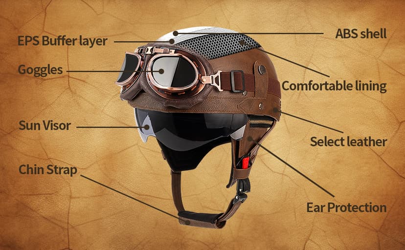 German Style Leather Motorcycle Half Helmet for Adults Men Women, DOT Approved Vintage Cap Half Face Shell Motorcycle Helmets for Cruiser Chopper+Goggles