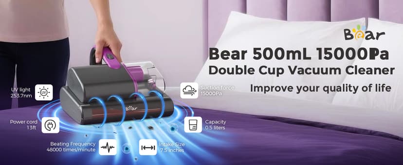 Bear Mattress Vacuum Cleaner, Bed Vacuum Cleaner with 253.7nm UV-C Light, 140°F Heat, HEPA Filter, 15Kpa Strong Suction Versatile Handheld Vacuums for Bed, Sofa, Couch, Dust & Pet Hair(Corded)