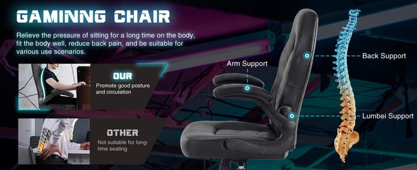 Sweetcrispy Computer Gaming Desk Chair - Big Tall Ergonomic Lumbar Support with Flip-up Armrest and 360° Swivel Wheels, PU Leather Height Adjustable, for Home and Office, Black