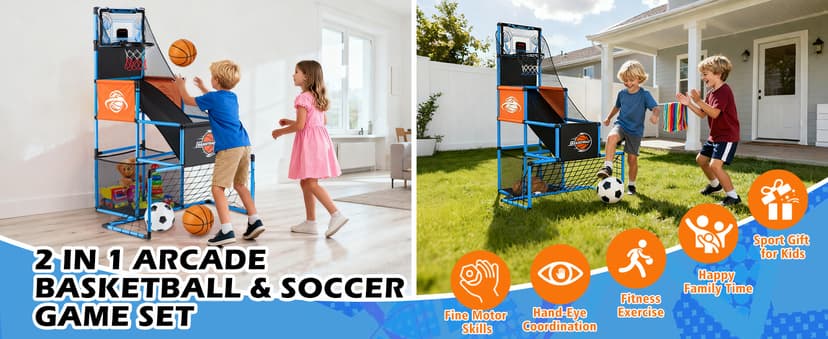 2 in 1 Basketball Arcade Game & Soccer Goal for Kids, Adjustable Kid Basketball Hoop with 6 Balls and Pump, Indoor Outdoor Games for Kid Toys for 3-12 Year Old Kids Birthday Gifts for Boys Girls
