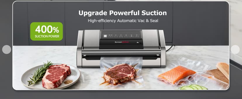 Bonsenkitchen Vacuum Sealer for Food, Easy-Lock Handle Vacuum Sealer Machine with Bag Clip, Built-in Cutter and Bag Storage for Sous Vide and Meal Prep, 1 Roll Bag & 10 Pre-Cut Bags, Silver
