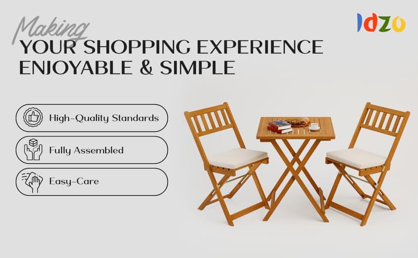 Idzo Heavy Duty 400lbs Capacity Patio Bistro Set 3 Piece Outdoor, Folding Chairs w/Cushion, Square Table - Upgrate 2024