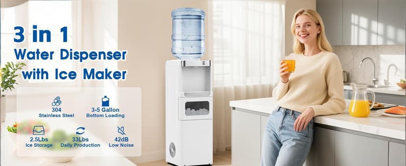4 in 1 Water Cooler Dispenser with Ice Maker, Hot & Cold Water Dispenser for Home & Office, 33lbs/24H Bullet Ice, Top Loading 3-5 Gallon, Child Safety Lock, Ice Ready in 7 Mins (White)