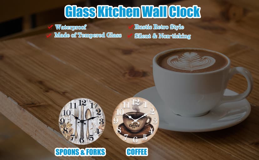Keepcross Kitchen Wall Clock Coffee Cup Theme Rustic Modern Farmhouse Decor Glass Clock for Kitchen, Coffee Bar, Cafe - 8 Inch, Brown