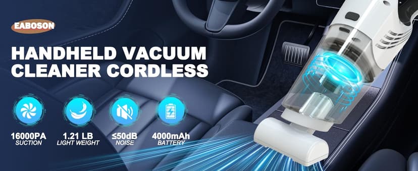 EABOSON Handheld Vacuum Cordless, 16000PA High Power Suction Hand Held Car Vacuum Cleaner Portable with Washable Filter & Multi Accessories, Rechargeable Dust Busters for Car Home Office and Pet Hair
