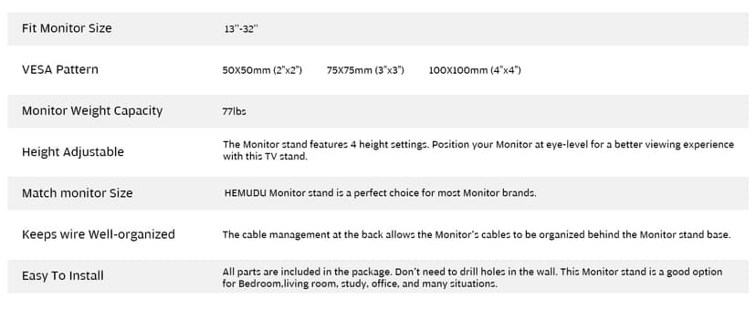 Single LCD Computer Monitor Free-Standing Desk Stand Mount Riser for 13 inch to 32 inch screen with Swivel, Height Adjustable, Rotation, Vesa Base Stand Holds One (1) Screen up to 77Lbs(HT05B-001))