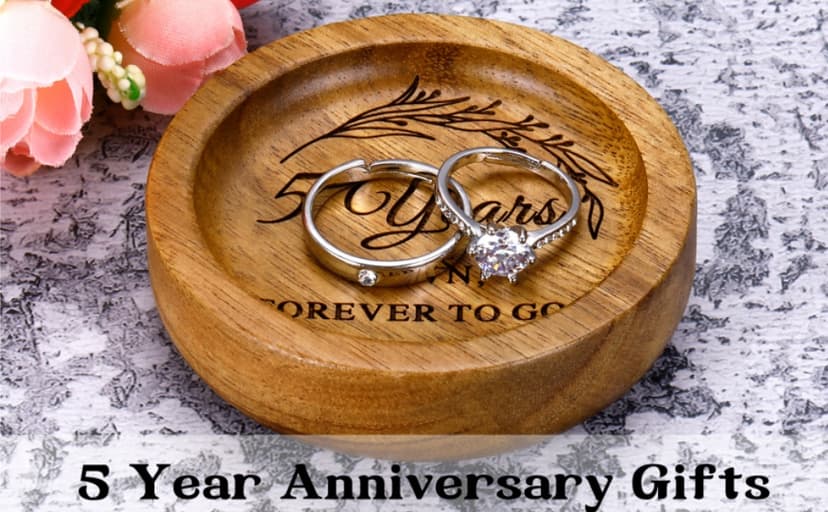 Wood Ring Dish 5 Year Anniversary Wood Gifts for Him Her - 5th Anniversary Wedding Gifts for Wife Husband, 5 Year Marriage Aniversario Wooden Jewelry Dish for Women Men, Fifth Aniversario Ideas