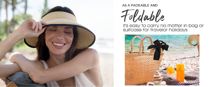 Camptrace Sun Visors for Women Wide Brim Beach Hat Foldable Straw Visor Hat Ponytail Summer Packable UPF 50+