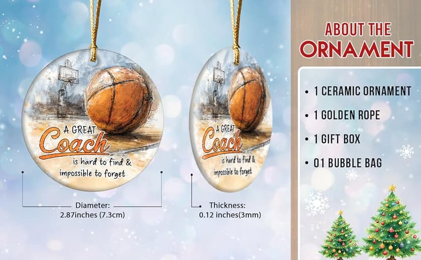 Basketball Coach Appreciation Gifts 2025 - Basketball Coach Christmas Ornament, Ceramic Sports Ornaments for Christmas Tree, Thank You Gifts for Mentor from Basketballs Athletes Team