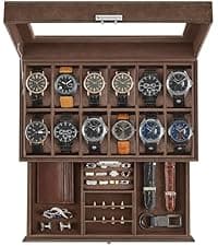 SONGMICS SONGMICS Watch Box, 12-Slot Watch Case Organizer with Large Glass Lid, Removable Pillows, Gift for Loved Ones, Black Synthetic Leather, Gray Lining UJWB12BK