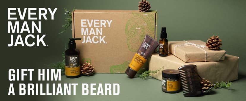Every Man Jack Beard Essentials Gift Set for Men – Complete Routine with 5 Full-Size Essentials – Sandalwood Scent - Beard & Face Wash, Lotion, Oil, Butter & Comb