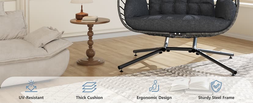 SWITTE Double Egg Swing Chair with Stand, Outdoor Patio 2 Person Hanging Wicker Hammock Chairs with Cushion for Indoor Bedroom, Lawn, Garden-Dark Grey