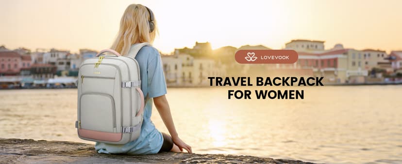 LOVEVOOK Travel Backpack For Women, 40L Carry On Backpack Flight Approved, TSA Personal Item Travel Bag Fits 17 Inch Laptop, Business Weekender Overnight Waterproof Daypack With 2 Cubes, Grey-Pink