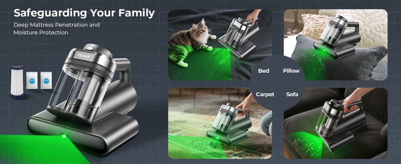 Powerful Mattress Bed Vacuum Cleaner, 2-Speed (14kPa/18kPa) Mattress Vacuum with Green Light Dust Detection, 253.7nm UV-C Light, LED Display, HEPA Filter, 149℉ Heat, Aroma for Bed Couch Carpet