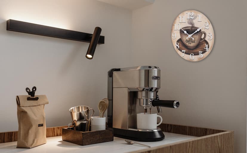 Keepcross Kitchen Wall Clock Coffee Cup Theme Rustic Modern Farmhouse Decor Glass Clock for Kitchen, Coffee Bar, Cafe - 8 Inch, Brown