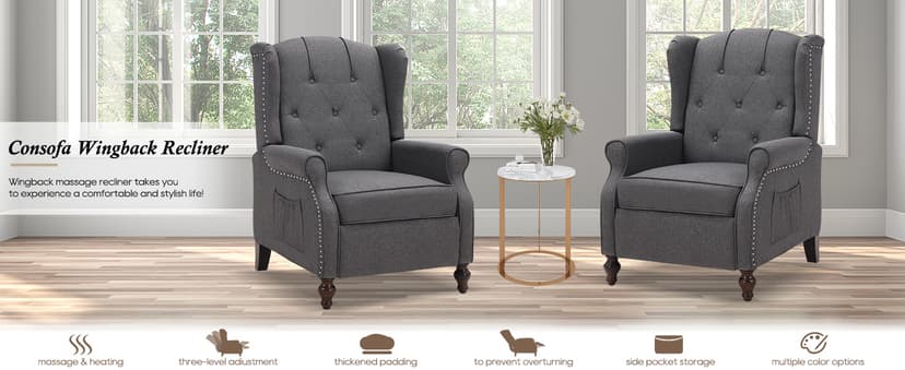 Wingback Recliner Chair with Massage and Heat, Wingback Recliner Tufted Fabric Push Back Recliner Chair for Living Room, Vintage Wingback Chair with Remote Control, Padded Cushion, Wooden Legs
