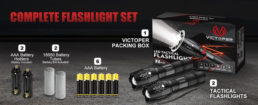 Victoper LED Flashlight 2 Pack, Bright Tactical Torch High Lumens with 5 Modes, Waterproof Zoomable Flash Light for Outdoor, Gifts for Men, Dorm Room Hunting Camping Essentials Gear for Guys