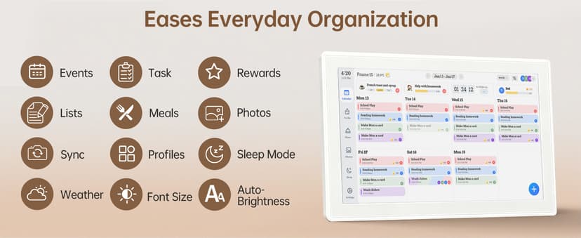 Real-time Google, Outlook and iCloud sync keeps every family member organized, with meal planning and no subscription fees. 15.6" Digital Calendar Wall Touch Screen, Chore Chart, Photo Frame, Bases B0GBVS5NX1