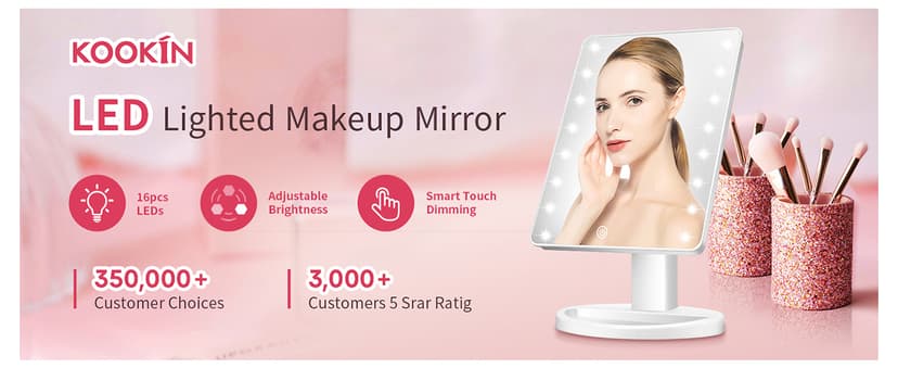 KOOKIN Lighted Vanity Makeup Mirror 16 Led Lights 180 Degree Rotation Lighted Mirror Touch Screen Adjusted Brightness Desk Mirrors USB Dual Supply Bathroom Beauty Cosmetic Mirrors (White)