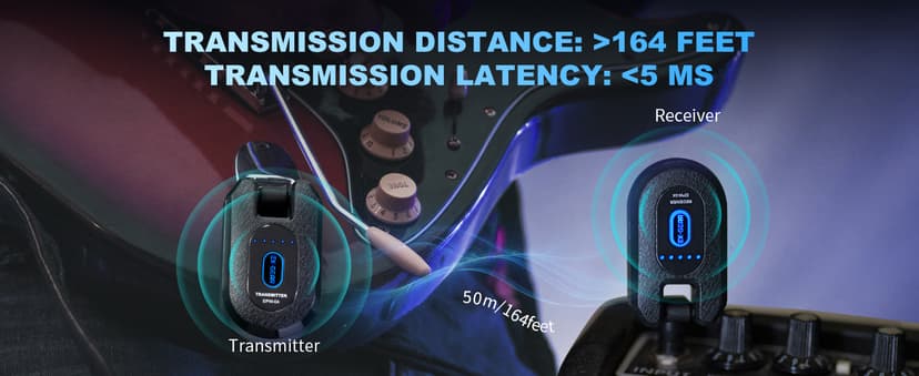 EX GEAR High-Grade Wireless Guitar System 2.4GHz Wireless Guitar Transmitter Receiver Rechargeable, 4 Signal Channel, 235° Rotating Plug, 50m Range for Bass Guitar Electric Instruments