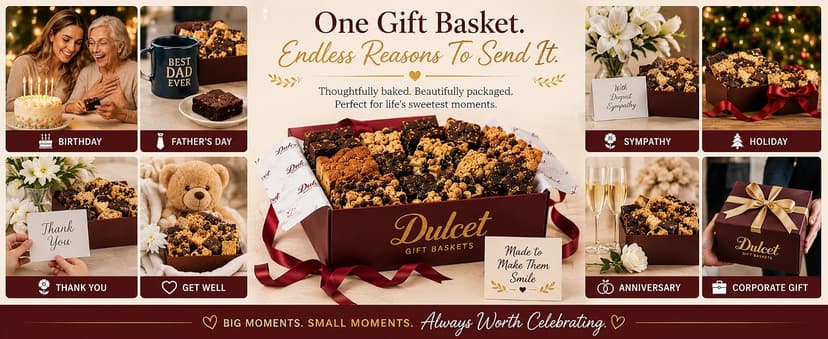 Dulcet Gift Basket - Beautiful Designed Box with Magnetic Closing Clasp - Gift Basket with Freshly Baked Gourmet Goods Each Individually Wrapped - Personalized Notes Included.