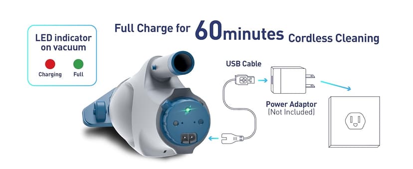 KOKIDO Rechargeable Handheld Hot Tub Spa Pool Vacuum, IPX8, Aluminum Pole and 2 Brush Heads, Cordless, Ideal for Light-Duty Spot Cleaning Spas and Small Pools up to 20ft, 60-min, Sand and Debris XV110