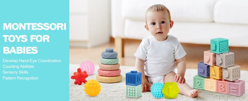 Jyusmile Baby Toys 6-12 Months, Montessori Toy for Babies 6-12 Months, Incl Stacking Building Blocks & Soft Infant Teething Toys & Sensory Balls for Toddlers 0-3-6-9-12 Month B0B2P5GK1Y