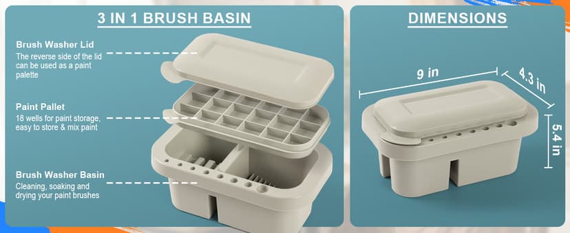 18 mixing wells, 16 slots fitting 0.24-0.63 in diameters, 3 washing compartments, removable tray lid MyLifeUNIT Paint Brush Cleaner, Paint Brush Holder with Palette, Grey B01H5JIU14