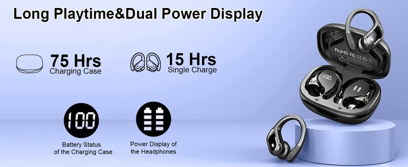 Wireless Earbuds, Sport Bluetooth 5.4 Headphones 2026 New Bluetooth Earbuds with 75Hrs Stereo, 4 ENC Mic, Noise Canceling Over-Ear Buds with Earhooks, IP7 Waterproof Earphones for Workout/Running/Gym