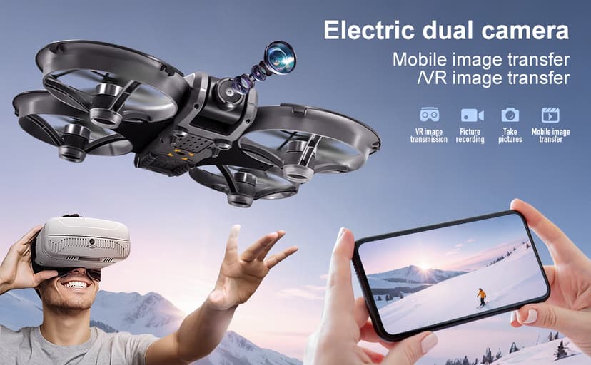 VR FPV Drone, Experience First-Person View Flight, Comes With a VR Goggle Kit and Remote Controller. The Drone Features a Full Propeller Protection Guard and Collision-Resistant Structure, Making It Easy to Operate and Perfect for Beginners. Equipped With an Optical Flow Positioning System and Brushless Motors for Smoother and More Precise Flight. FPV Quadcopter for Entertainment or as a High-Performance Remote Control Helicopter.
