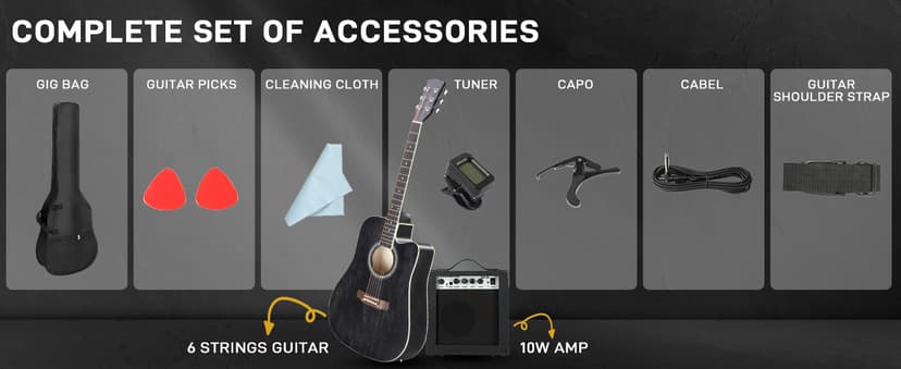 Ktaxon Full-Size Acoustic Electric Guitar with Amp, 41 Inch Basswood Body Guitars Kit for Beginner & Intermediate W/Bag, Strap, and Capo All Accessories Included (Black)
