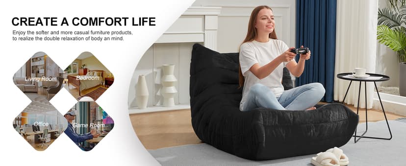 Bean Bag Chairs for Adults Giant Bean Bag Chair Memory Foam BeanBag Chair Bean Bag Sofa with Filler Faux Fur Fireside Beanbags Lazy Sofa for Living Room Bedroom Office (Black Plush, Single)