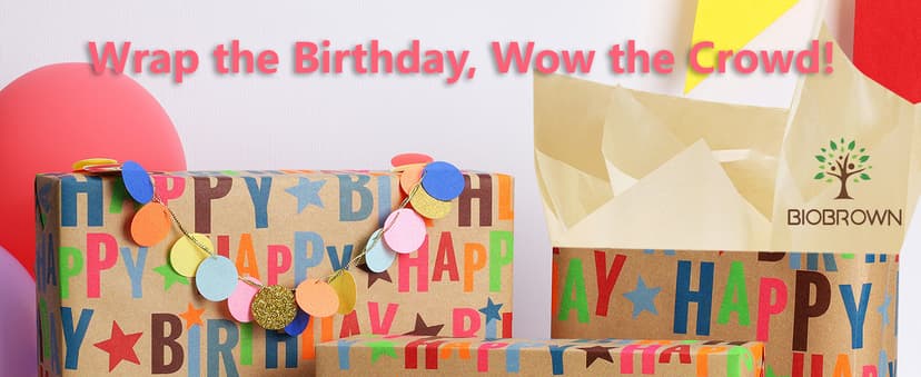 17 inch X 33 feet, Gridlines Design, Recycled, Holiday BIOBROWN Kraft Birthday Wrapping Paper Colorful Text Happy Birthday Design B0BLSML9G3
