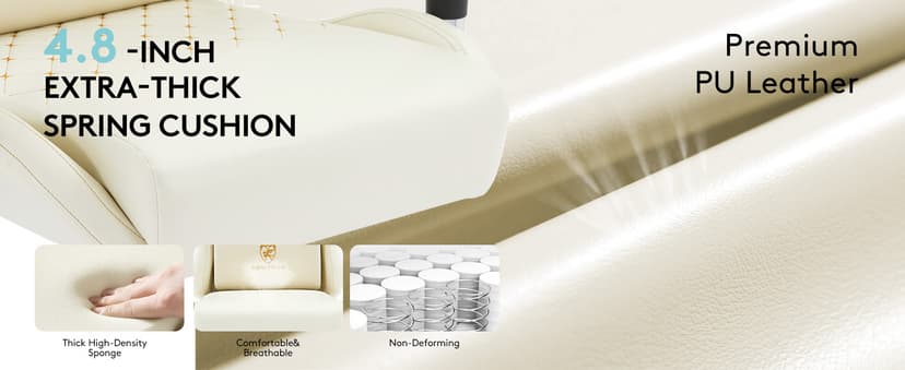 Gaming Chair,Computer Office Chair with Footrest,Massage Lumbar Support and Gel Pad,Ergonomic Reclining Leather Gamer Chair with Headrest,Adjustable Armrests and Spring Cushion Ivory