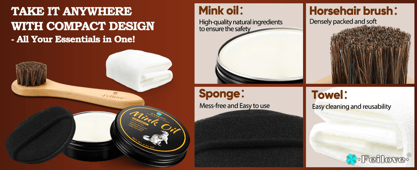 Feilove 4-in-1 Mink Oil Leather Conditioner and Cleaner 3.52 oz - Premium Waterproof Formula for Boots and Shoes