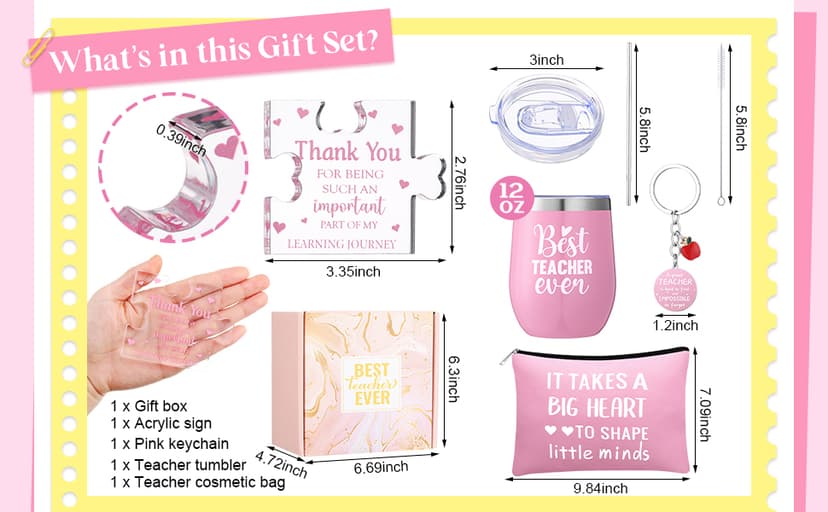 Patelai 5 Pcs Teacher Appreciation Gift Set for Women End of The Year Teacher Gifts Include 12oz Tumbler Makeup Bag Acrylic Sign Keychain Gift Box Thank You Presents for Teachers' Day Birthday(Teal)